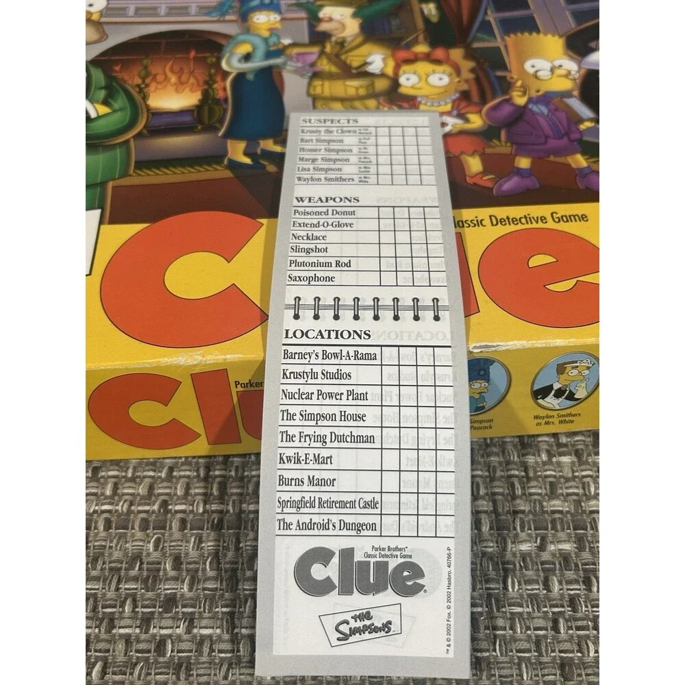 The Simpsons Edition Clue Board Game Parker Brothers 2002 2nd Edition